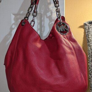 MICHAEL KORS FULTON SHOULDER HANDBAG RED LEATHER SILVER HARDWARE